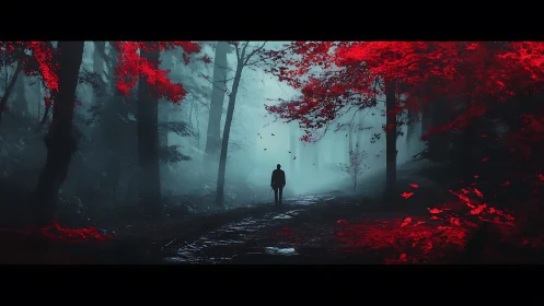Solitary silhouette in misty forest with saturated red foliage.