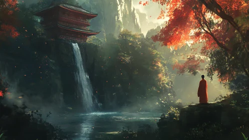 Monk observes red temple waterfall amid dense autumn forest