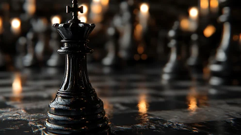 Black chess king on reflective board with blurred pieces.