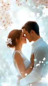 Wedding couple at twilight with falling petals and bokeh backdrop