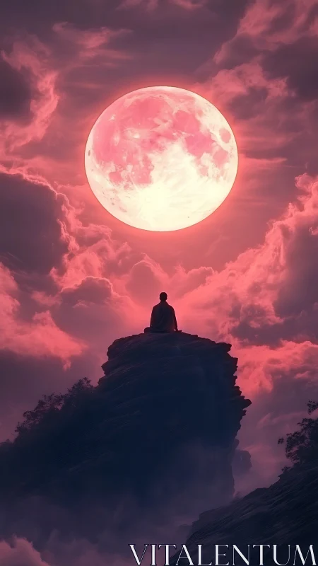 Silent watcher beneath the glowing rose moon above.