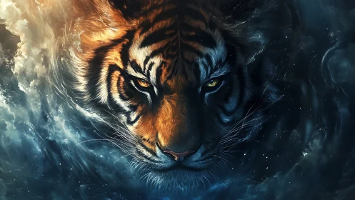 Tiger head rendered within swirling light and dark clouds