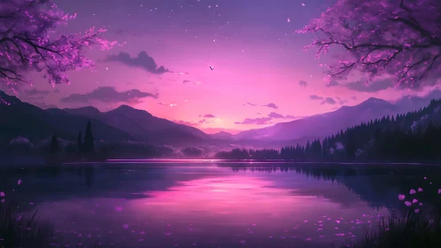 Pink twilight lake with mountains and cherry blossoms.