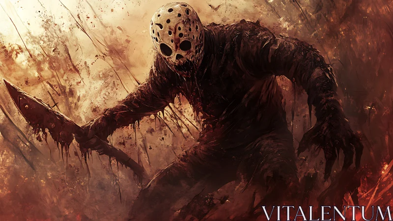 Masked humanoid figure with blade in chaotic painted scene.