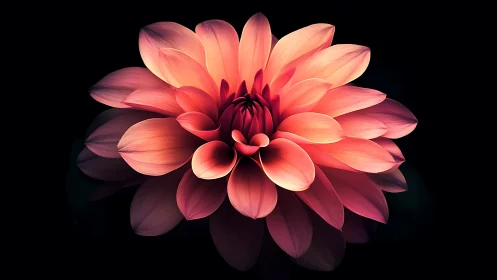 Coral Dahlia Bloom Against Black Background.