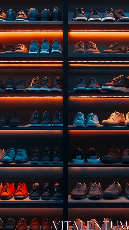 Organized sneaker shelves under blue and orange lighting.