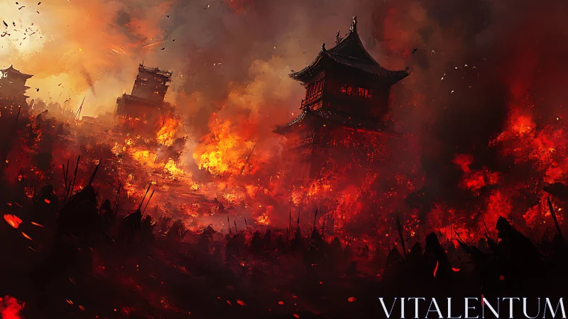 Ancient City's Fiery Battle: Warriors and Flames Collide.