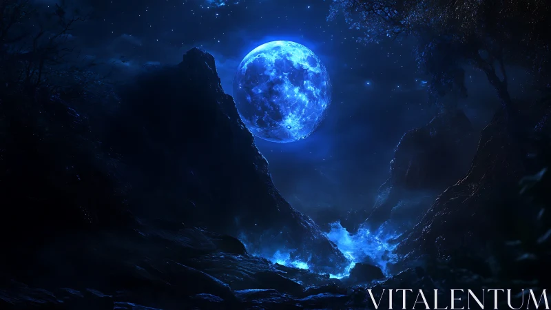 Luminous blue moon crowns shadowed canyon and river gorge.