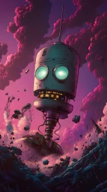 Giant cylindrical robot head levitates above fractured sci-fi terrain