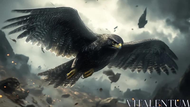 Storm-lit eagle soars through shattered skies in fierce focus