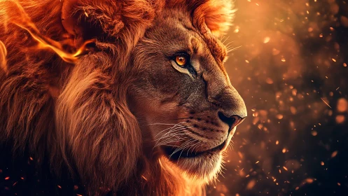 High contrast lion portrait with volumetric sparks and rim lighting