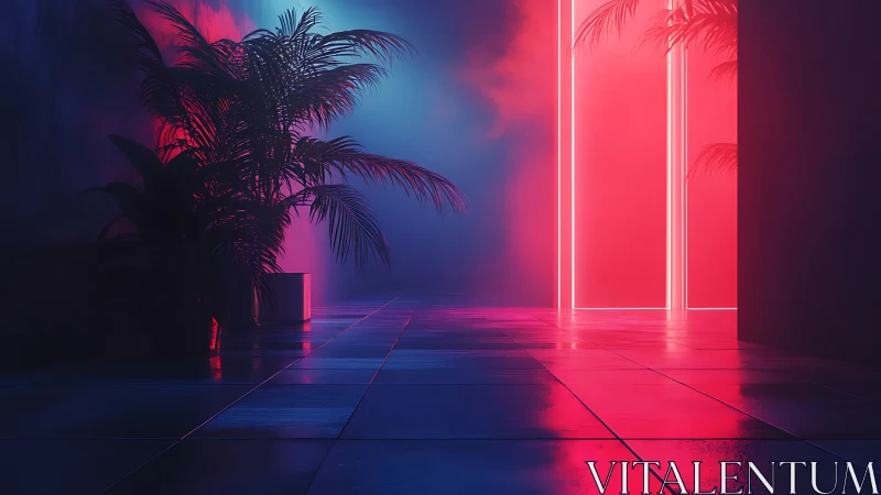 Neon palms beside glowing portal in moody vapor corridor.