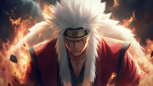 White haired anime warrior stands amid rising flames
