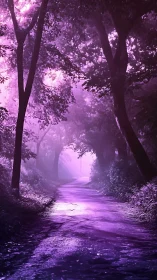 Enchanted Purple Forest Path Through Glowing Trees.