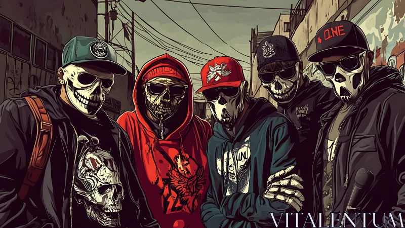 Urban group wearing skull masks in alleyway setting.