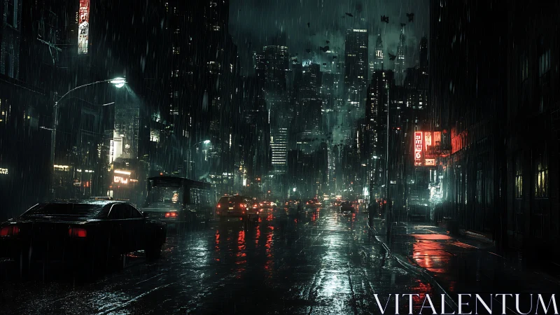 Midnight city street glows softly under neon rainlight