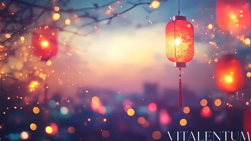 Glowing lantern lights drifting softly over a dreamy city evening.