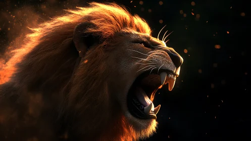 Photorealistic roaring lion profile with ember backlighting