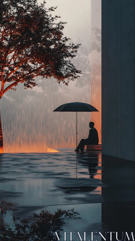 Solitary silhouette bargains with rain beneath ember skies