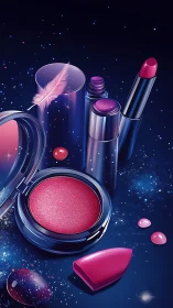 Cosmic pink makeup glows against a dreamy galaxy backdrop.