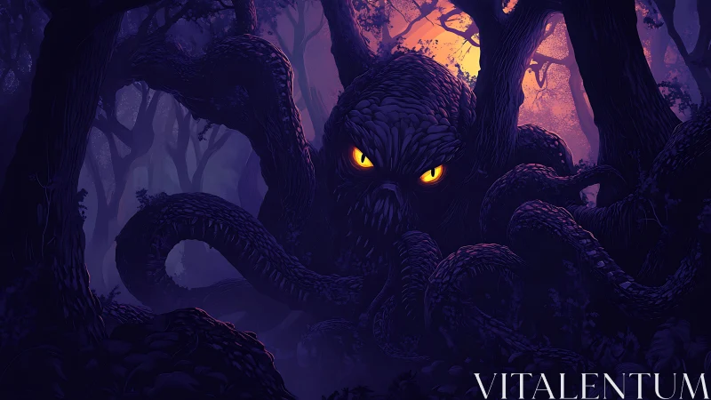 Bioluminescent forest entity with tentacular limbs and backlit canopy glow