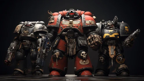 Armored space marines stand in dramatic triadic formation