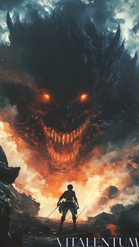 Human figure confronts large fiery creature in volcanic terrain