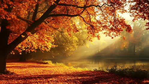 Golden autumn forest glows beside tranquil reflective lake.