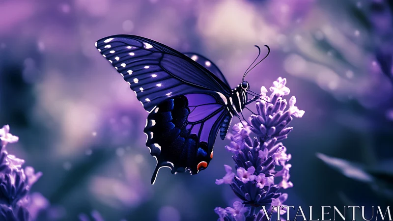 Midnight butterfly resting softly in a violet dream garden.