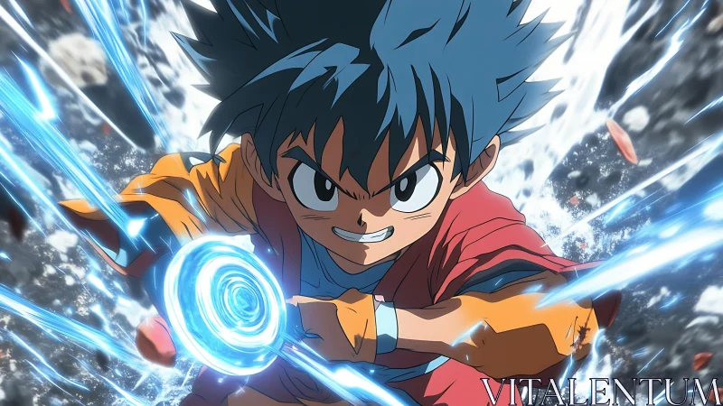 Energetic young warrior unleashing swirling blue energy blast.