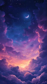 Dreamlike crescent moon glows above luminous nebula clouds