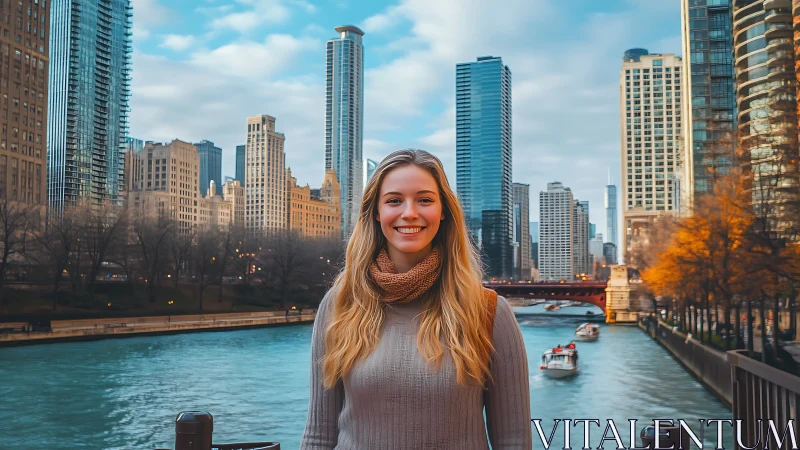 Smiling traveler enjoying a bright day by the city river.