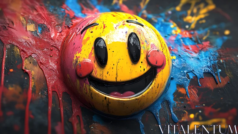 Smiling emoji erupts from chaotic splashes of neon paint.