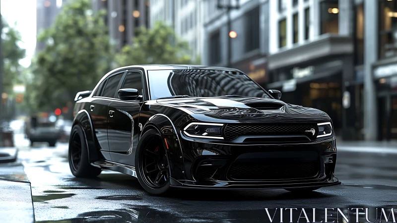 Black widebody muscle car dominates wet urban street