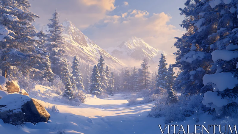 Sunlit winter valley reveals distant snowcapped mountain peaks