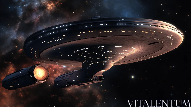 Large disk-shaped spacecraft moves through dense starfield