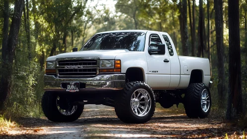 Lifted white GMC off-road truck with chrome wheels in forest.