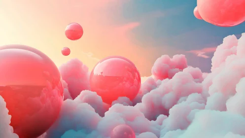 Glowing coral spheres drift softly through pastel dream clouds