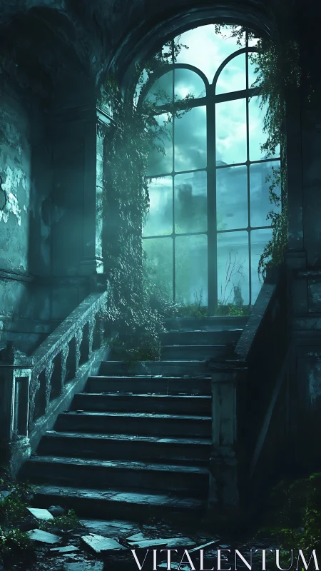 Moonlit ruined staircase under overgrown arched window.