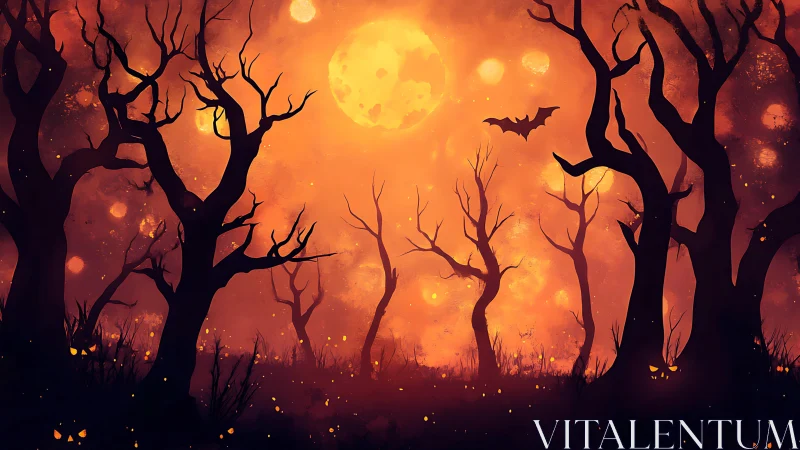 Luminous harvest moon over stylized haunted forest silhouettes