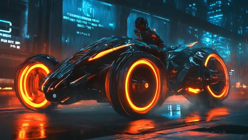 Neon-trimmed cyber trike idles in rain-soaked high-tech street
