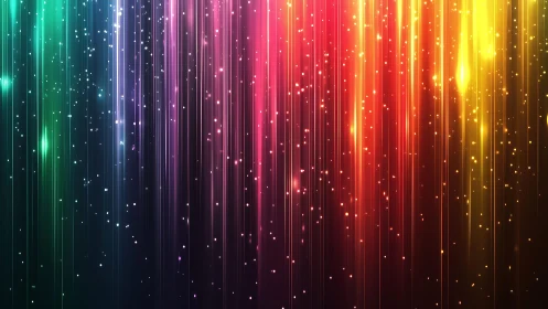 Vibrant neon light streaks with sparkling particles, digital art style.