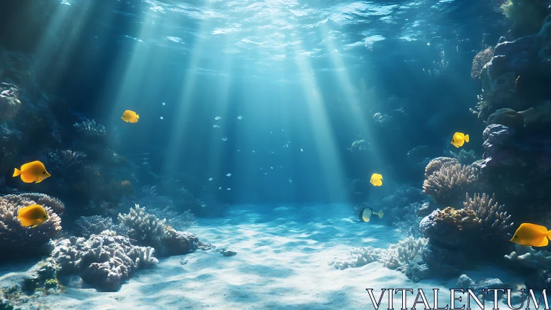 Sunlit tropical reef scene with yellow fish and corals.