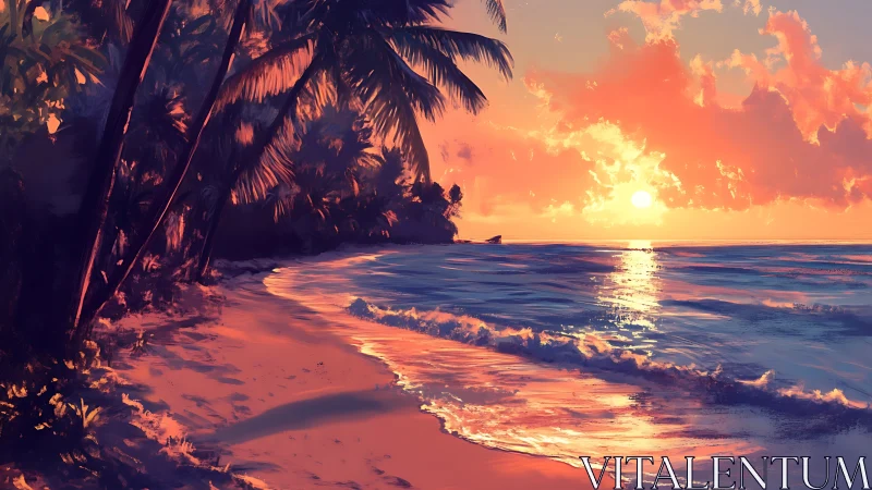 Tropical shoreline glows under vivid sunset reflections.
