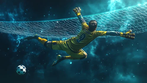 Goalkeeper rockets through starlit net, chasing cosmic save