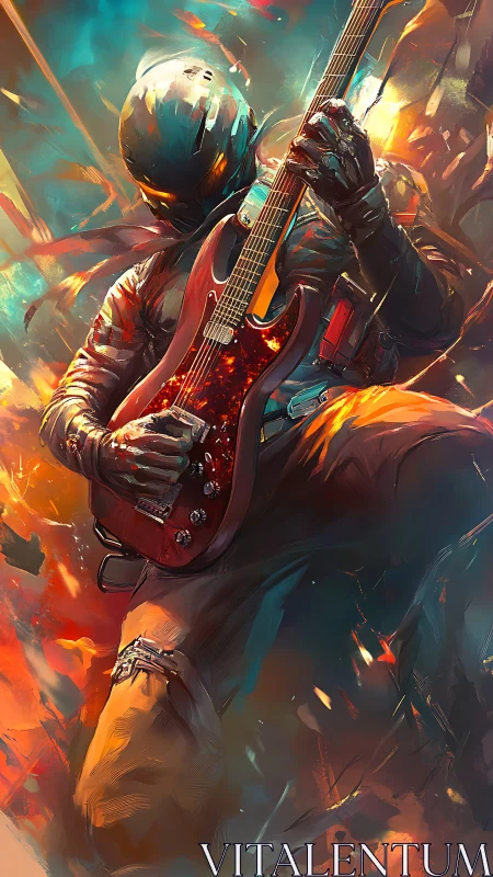 Armored space guitarist unleashes fiery cosmic rock solo