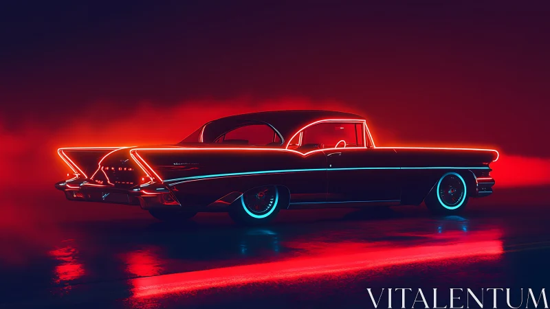 Neon outlined classic coupe slices through red vapor glow.
