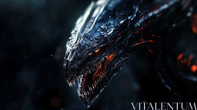 Metallic dragon head glows with molten orange light