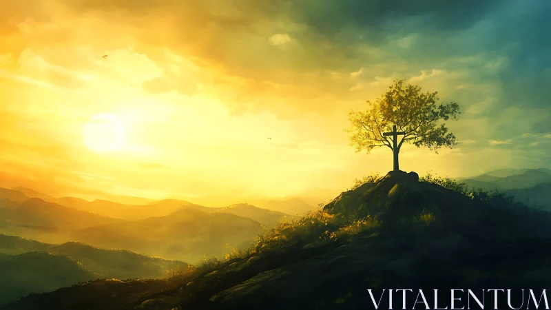 Golden sunrise over hilltop tree and distant valleys.
