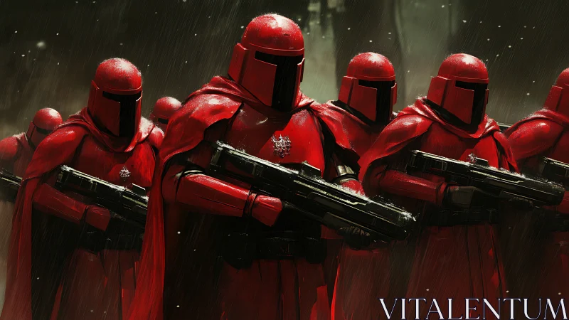 Crimson legion marches through rainlit dystopian wilderness.